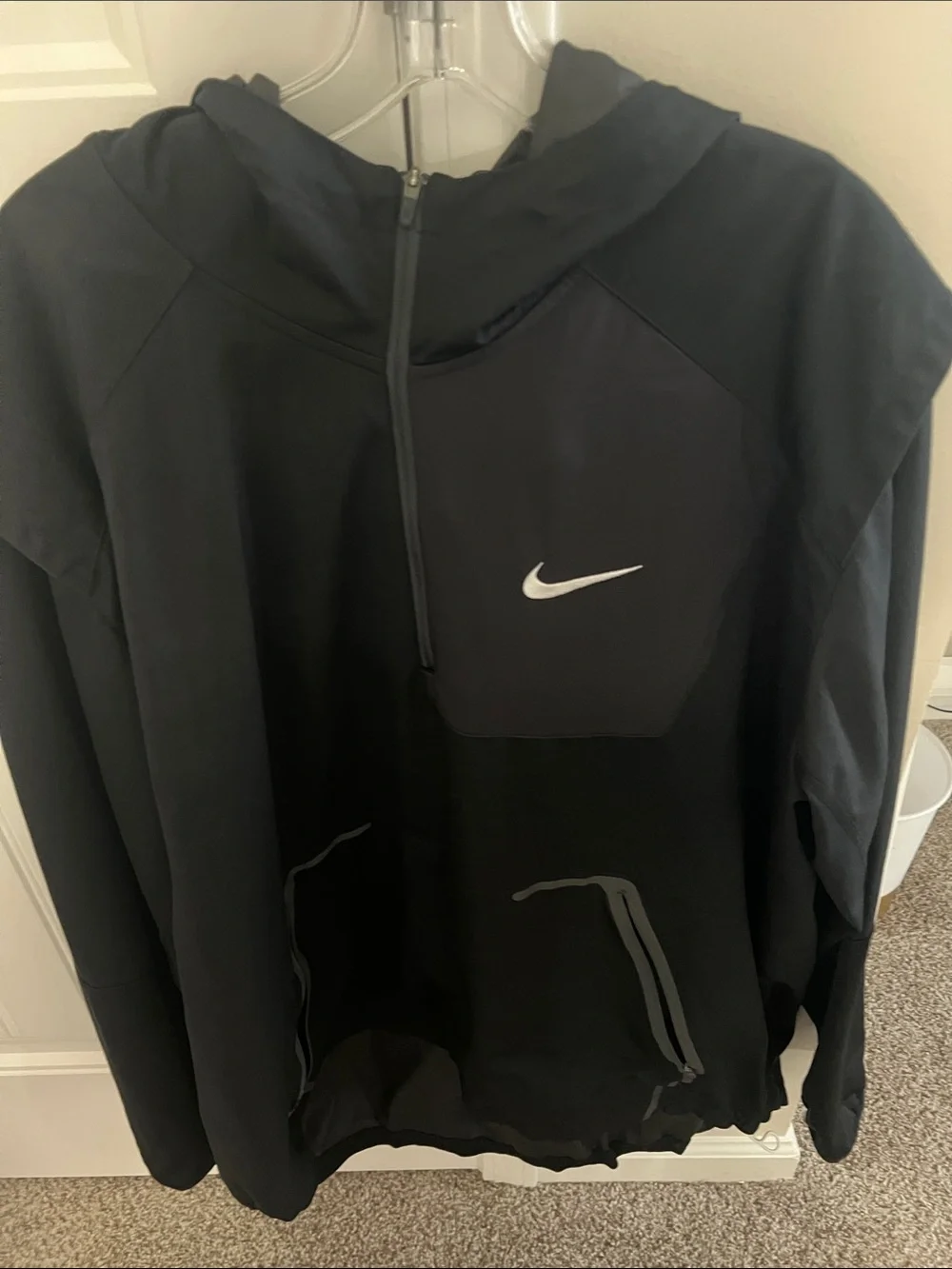Nike Black Men’s Half-Zip Hooded Performance Jacket with White Swoosh